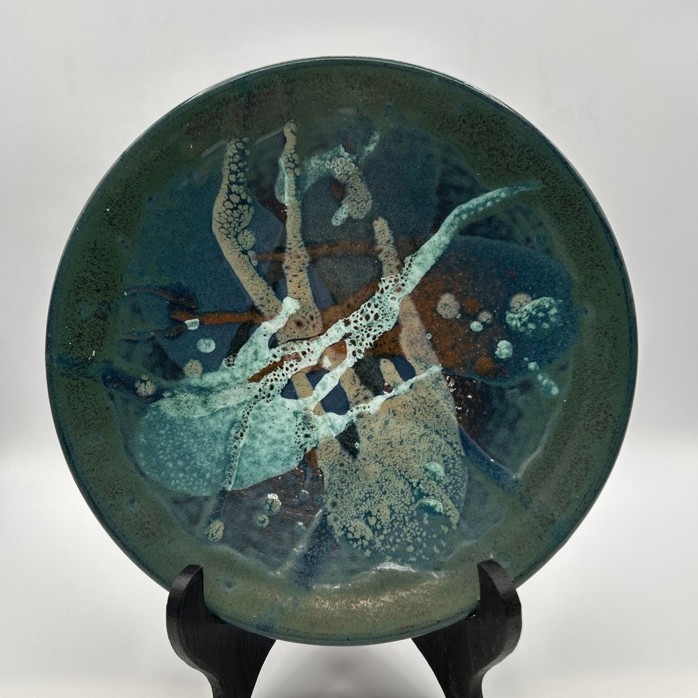 Glazed Art Pottery 9" Teal Blue White Bowl Beach Jellyfish Abstract OOAK Vintage